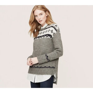 LOFT Fair Isle Wool Mohair Sweater Gray White Knit Crew Neck Pullover Medium